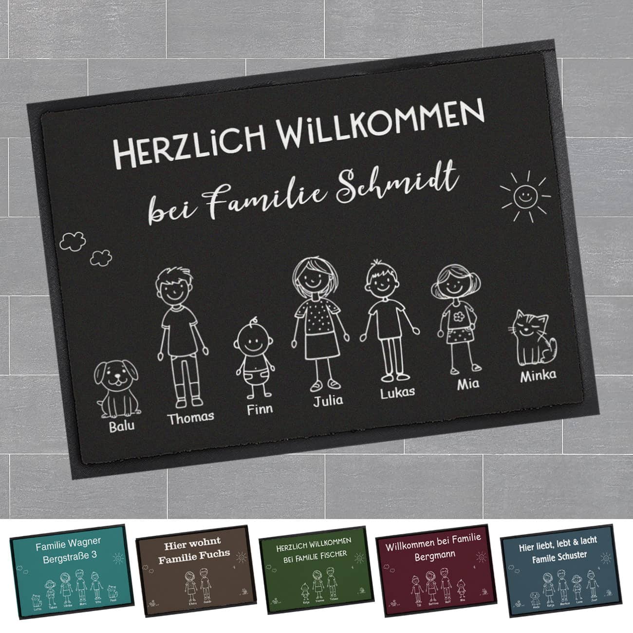 Familien-Fußmatte selbst gestalten mit Text, Personen & Haustieren, Namen, Text