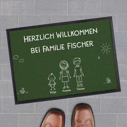 grüne Familien-Fußmatte selbst gestalten mit Text, Personen & Haustieren