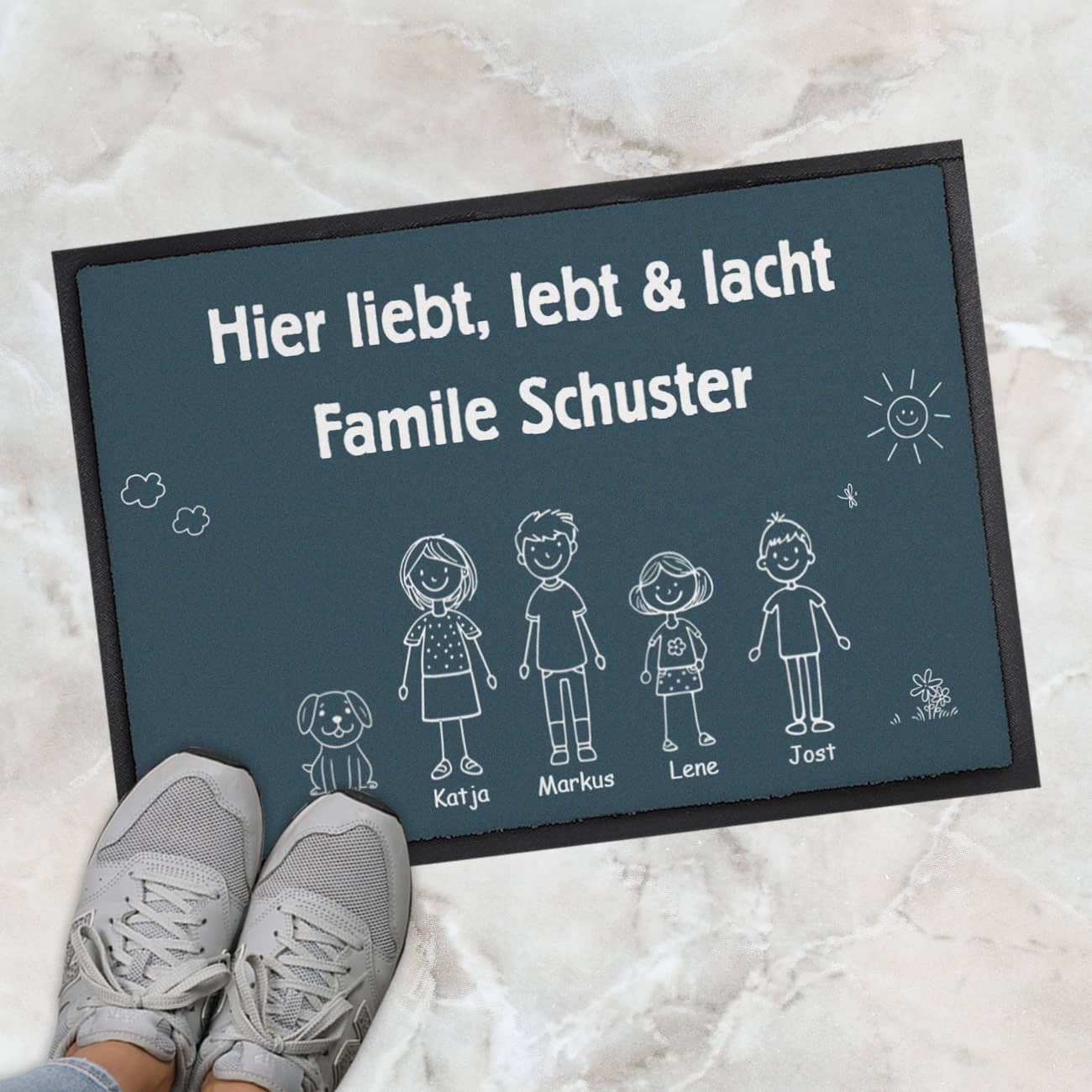 blaue Familien-Fußmatte selbst gestalten mit Text, Personen & Haustieren