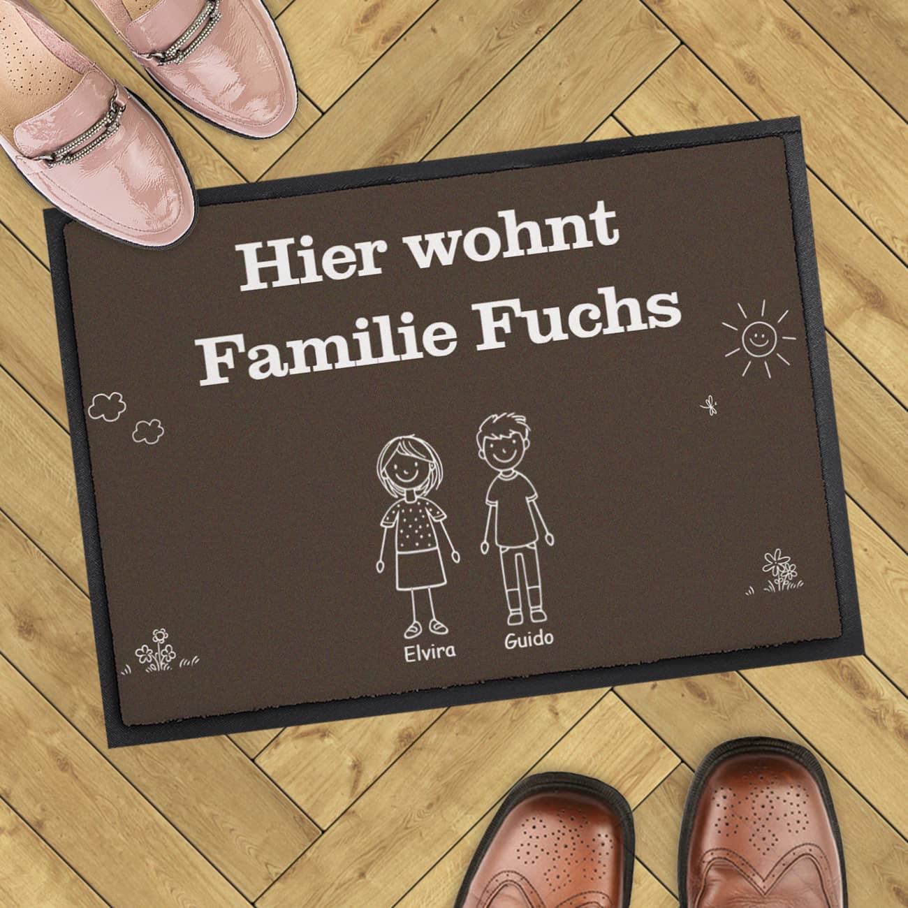 braune Familien-Fußmatte selbst gestalten mit Text, Personen & Haustieren