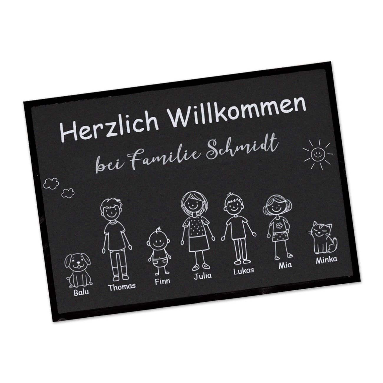 Familien-Fußmatte mit Kindern, Eltern & Haustieren, Strichmännchen Namen