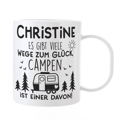 Kunststofftasse für Camper - Es gibt viele Wege zum Glück - mit Namensaufdruck