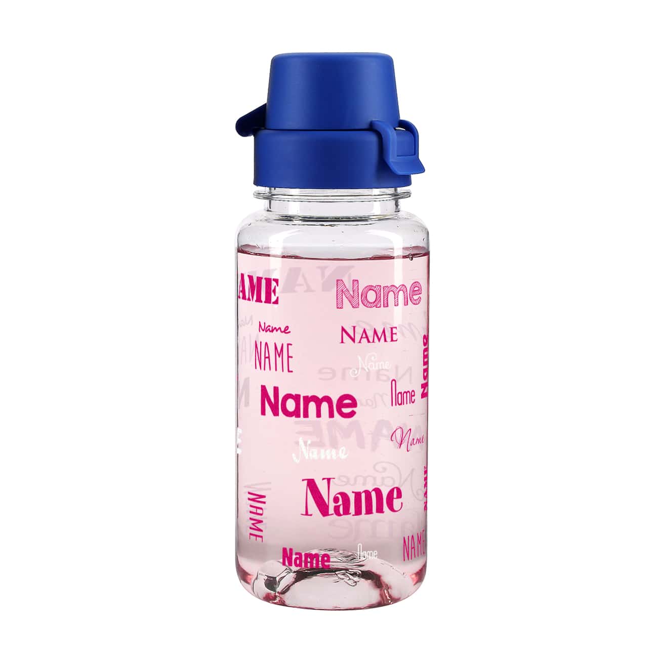 Transparente Trinkflasche  mit Name - pink weiss