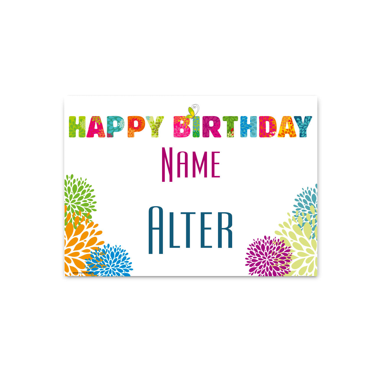 Banner zum Geburtstag mit Name, Alter und bunten Blumen