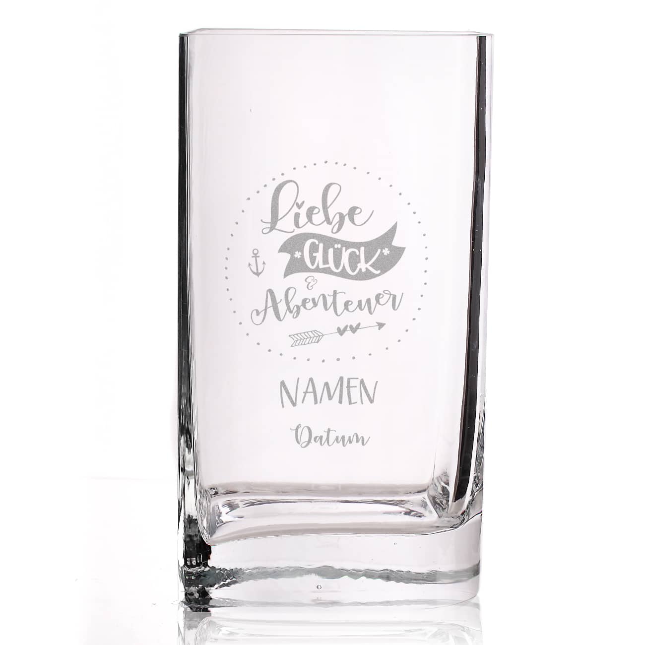 Liebe, Glück & Abenteuer - gravierte Vase zur Hochzeit - mit Namen und Datum