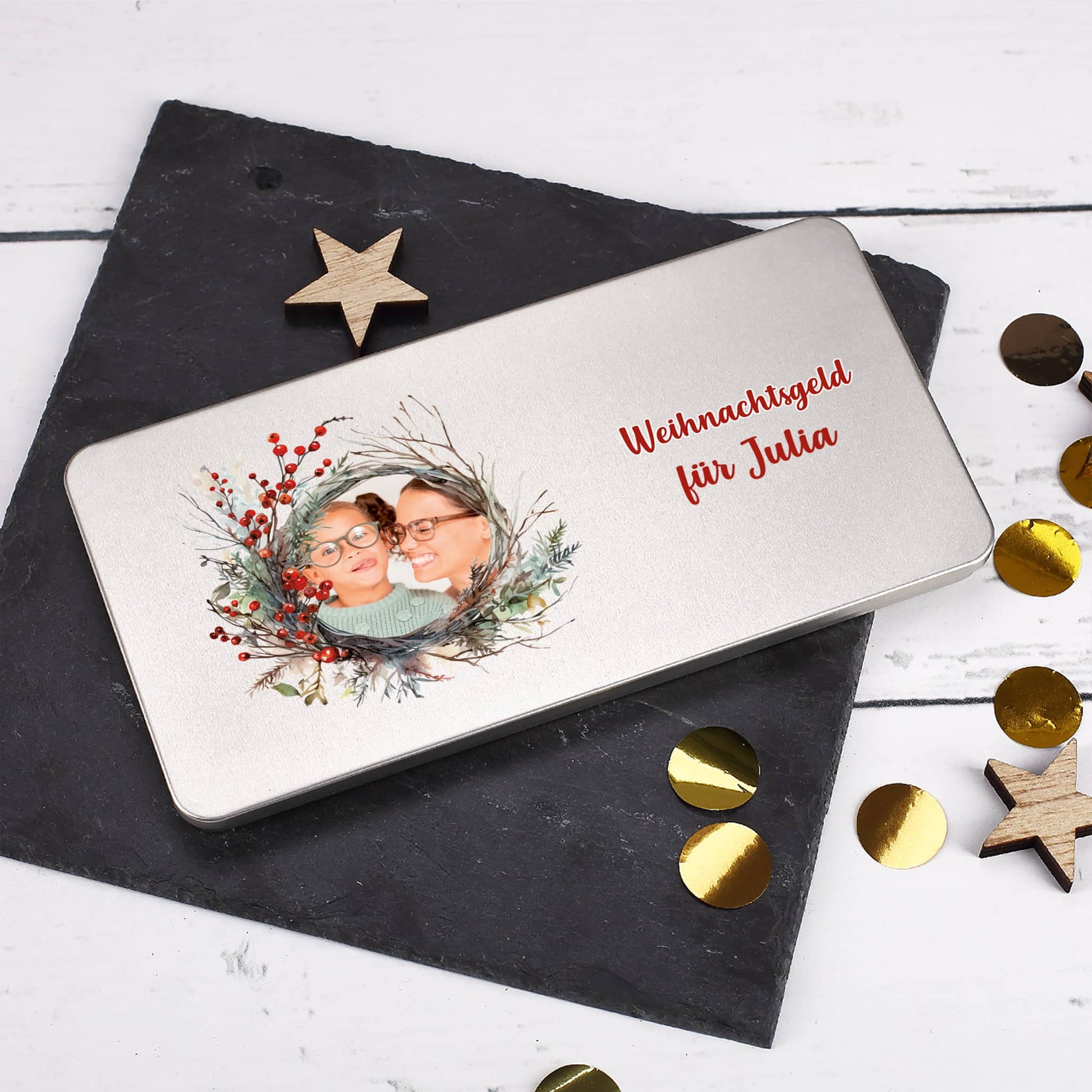 Blechdose für Geldgeschenke zu Weihnachten mit Foto & Text personalisiert