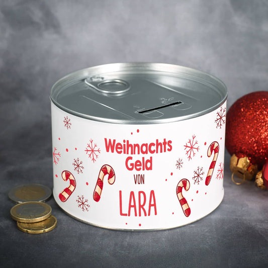 Spardose zu Weihnachten mit Zuckerstangenmotiv und Ihrem Wunschnamen personalisiert