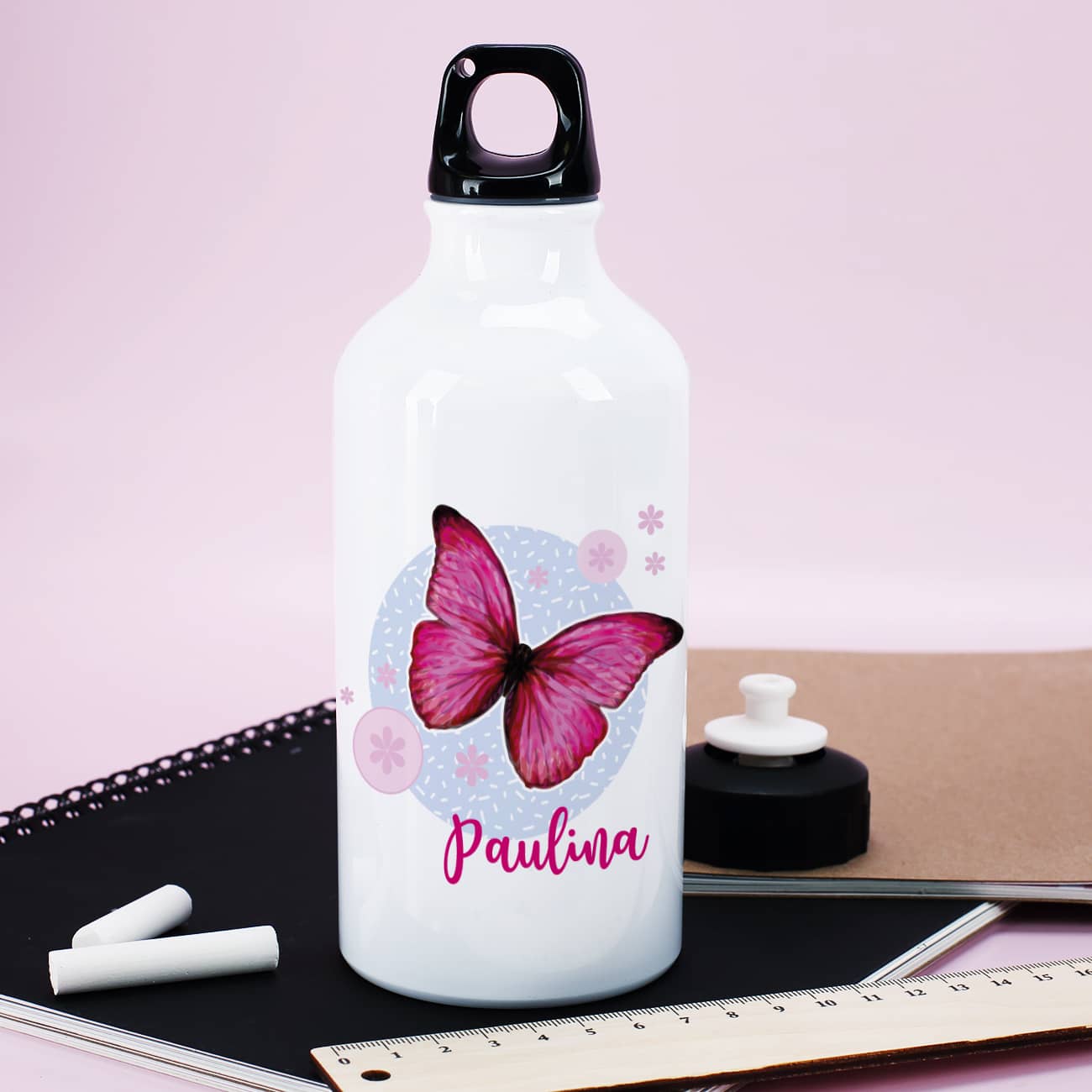 Aluminium-Trinkflasche mit Schmetterling und Name