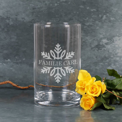 Gravierte Vase mit Schneeflocke und Wunschtext