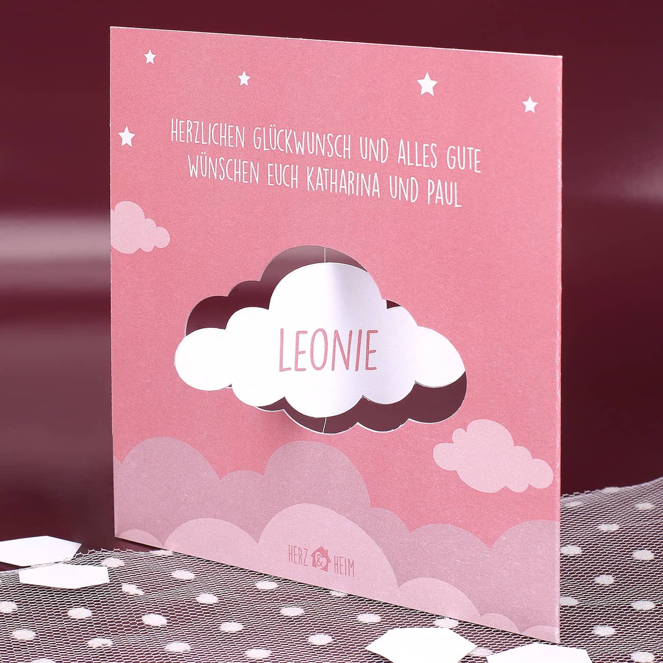 Drehkarte zur Geburt mit drehbarer Wolke und dem Names des Babys in rosa