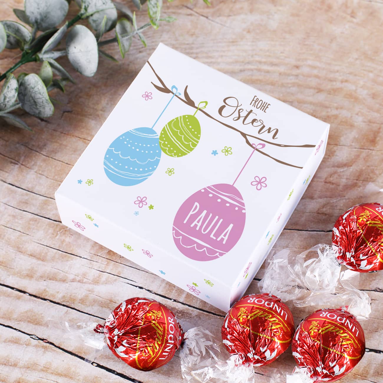 Kleine Geschenkverpackung mit Lindor Kugeln zu Ostern