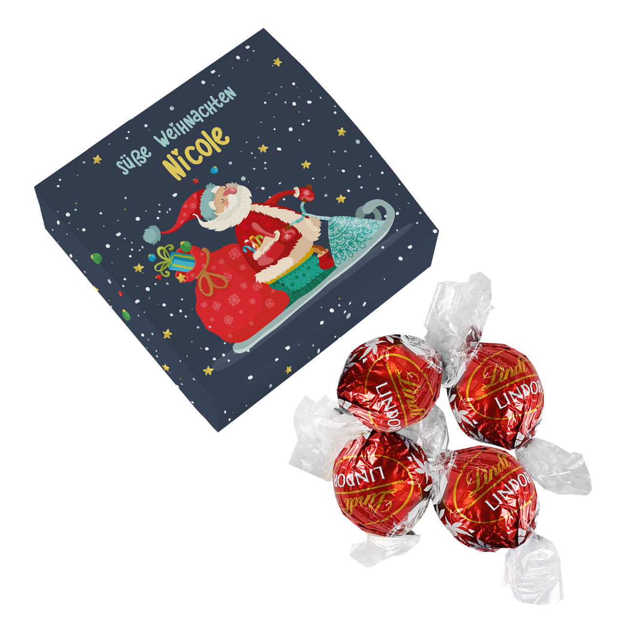 Pralinen Weihnachten - Faltschachtel mit Name und 4 Lindorkugeln