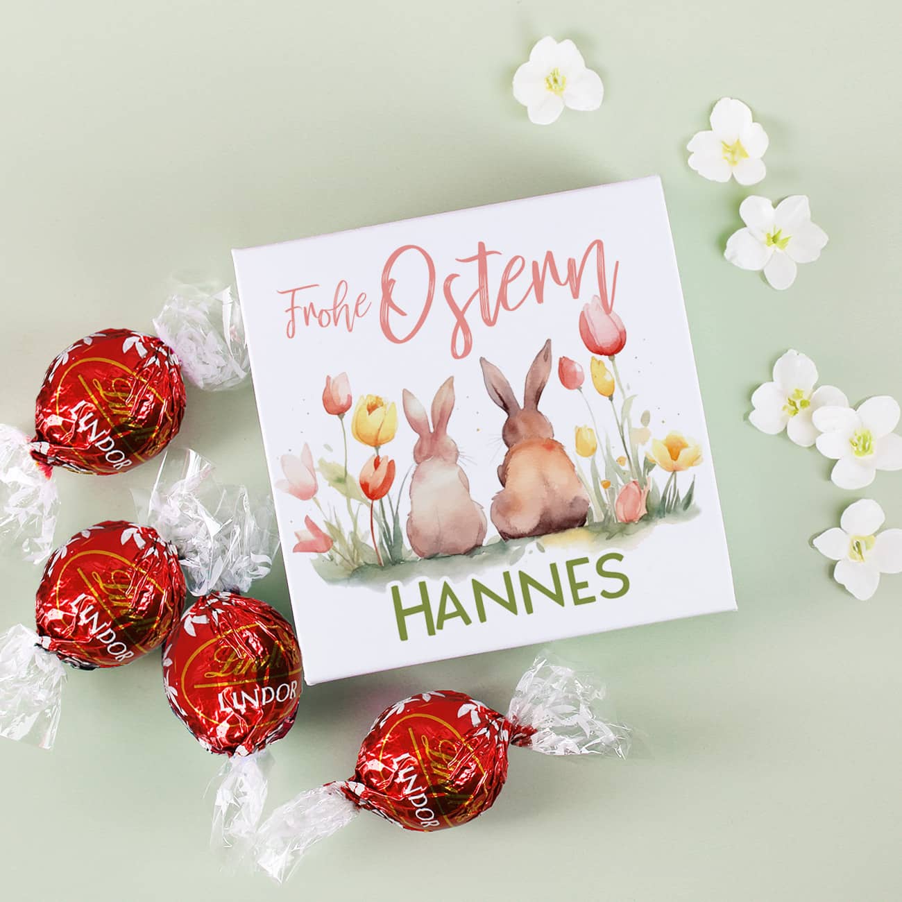 4 Lindorkugeln zu Ostern in Geschenkbox mit Name und Hasen