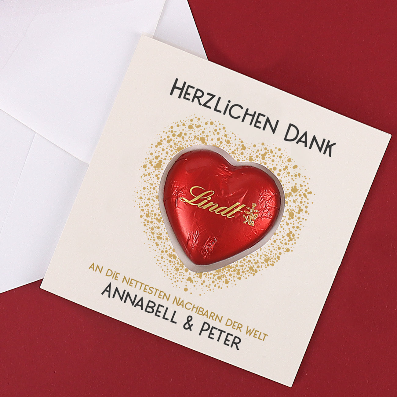 Herzlichen Dank - Karte mit Lindt Schokoherz und Ihrem Wunschtext