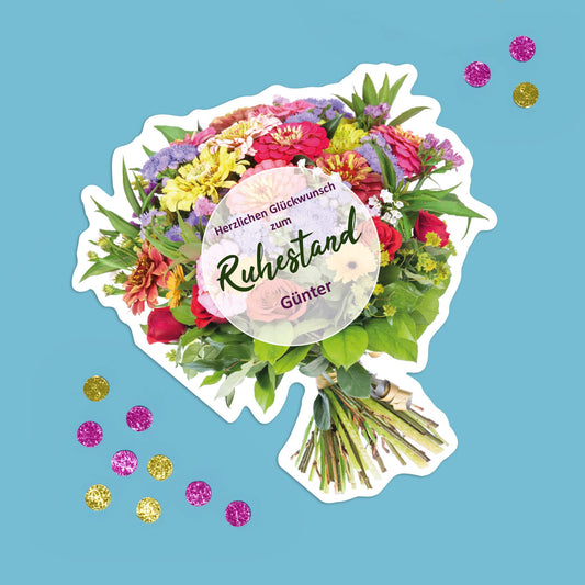 Karte mit Blumenstrauß als Motiv zur Rente personalisiert