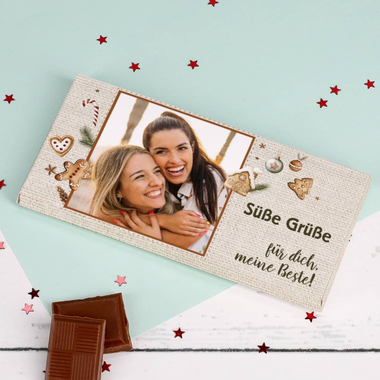 100 g Foto Schokolade zu Weihnachten mit Lebkuchen-Motiv und Ihrem Text