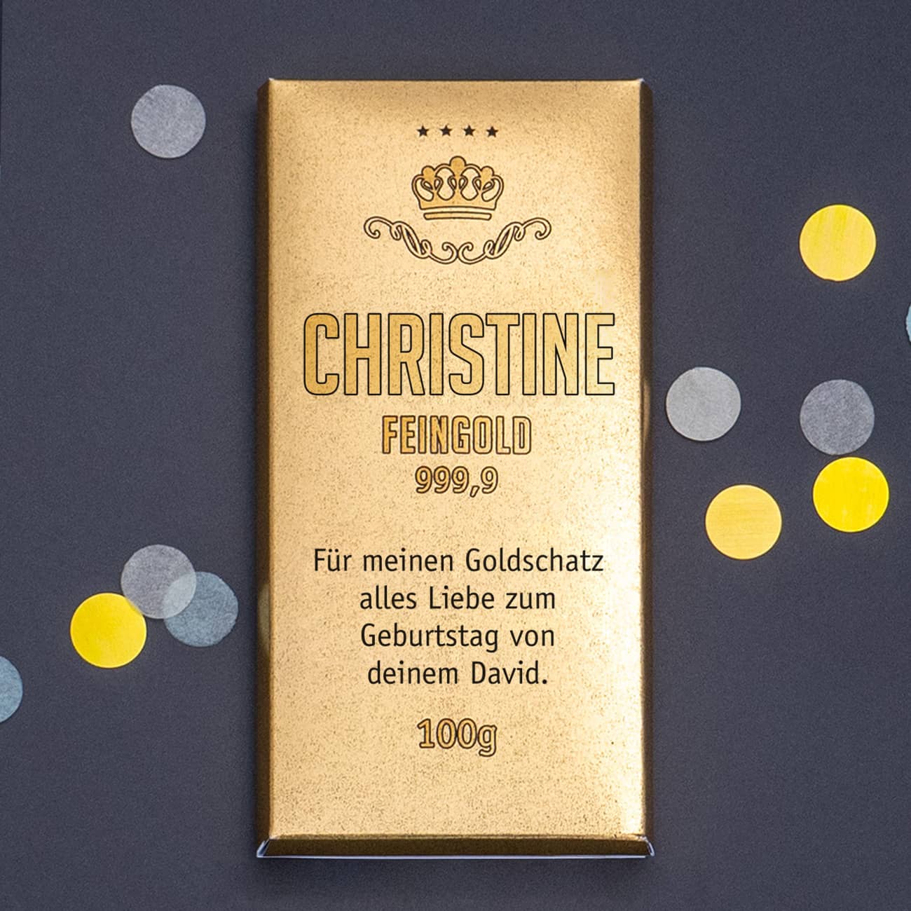 Persönliche Schokolade in Goldbarren-Optik mit Name und Wunschtext