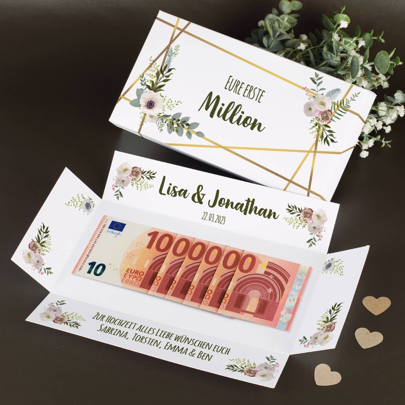 Erste Million - Box für Geldgeschenk zur Hochzeit mit Namen, Datum & Text