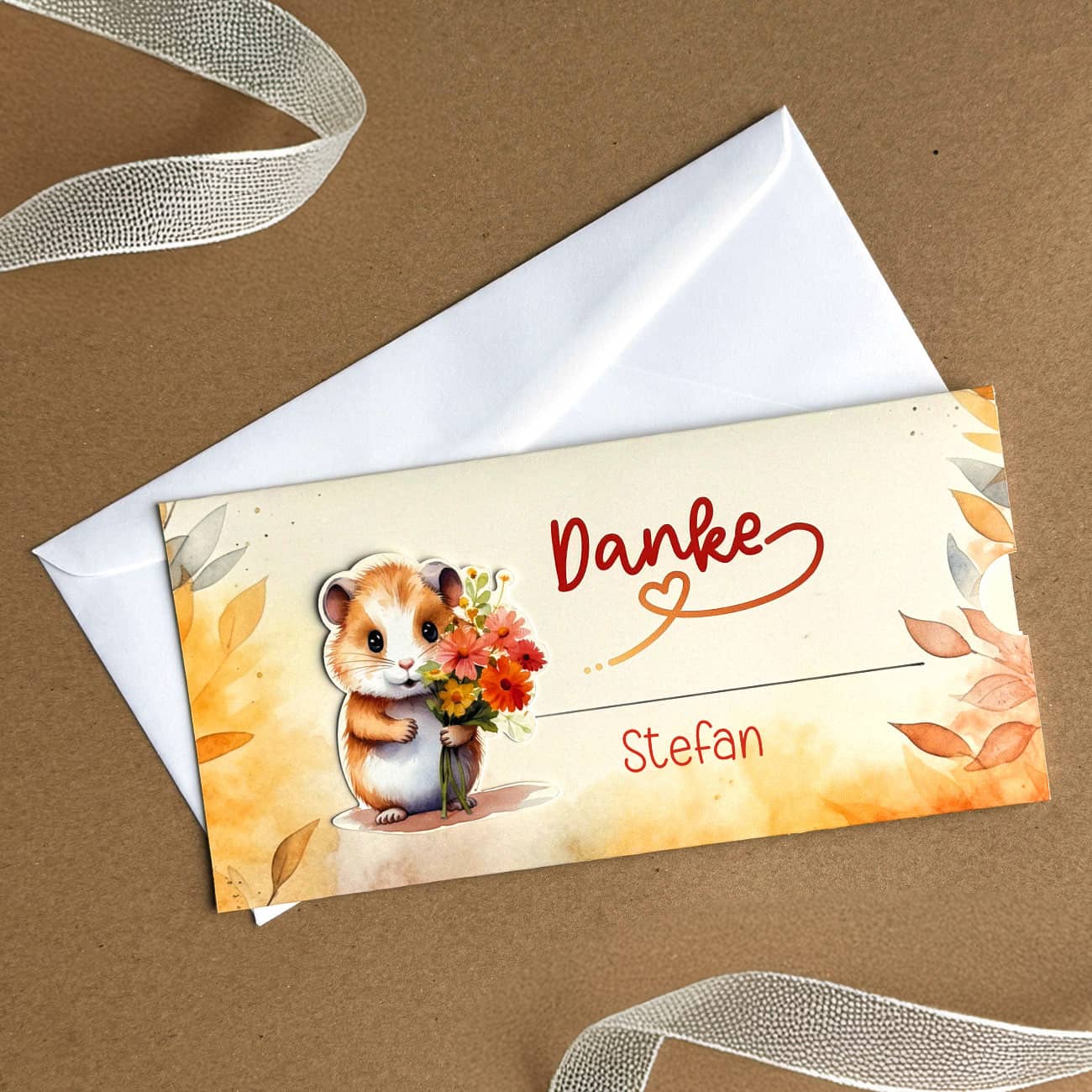 Danke-Ziehkarte mit kleinem Hamster & Blumen für Geldgeschenke