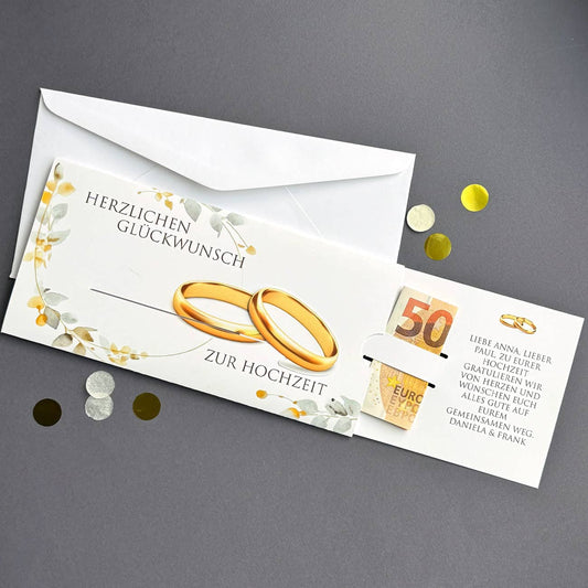 Geldgeschenk zur Hochzeit - Ziehkarte mit Ringen und Ihrem Text