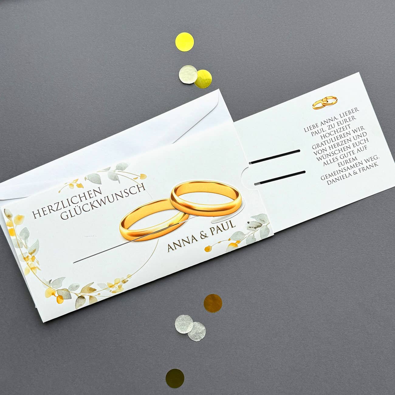 Geldgeschenk - Ziehkarte zur Hochzeit mit Ringen und Ihrem Text