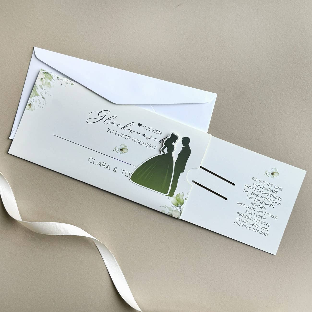 Geldgeschenk zur Hochzeit - Ziehkarte mit Brautpaar mit Wunschtext