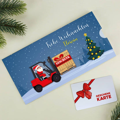 Gutschein-Geschenk zu Weihnachten - Karte mit Gabelstapler & Wunschtext