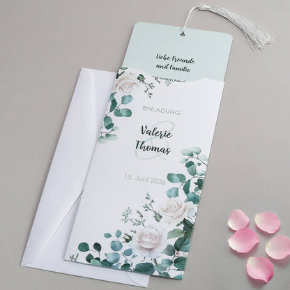 Elegante Hochzeitseinladung mit Rosen - Ziehkarte mit Quaste