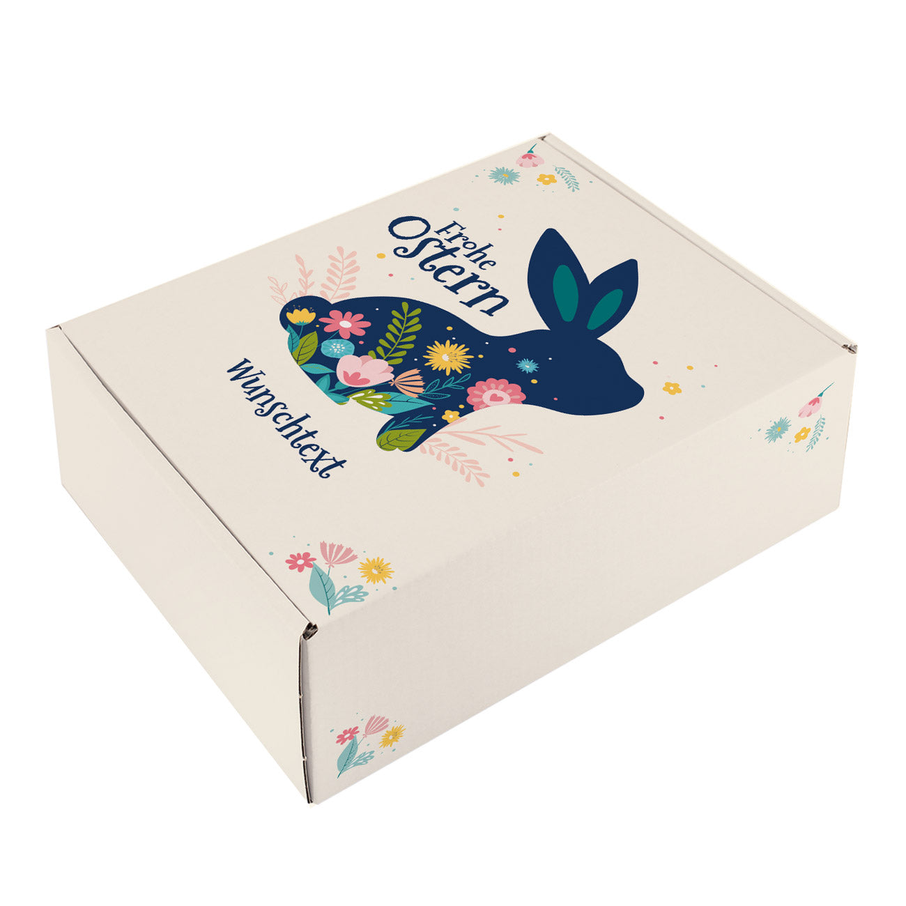 Frohe Ostern - Geschenkbox mit Wunschtext, Osterhase und Blüten