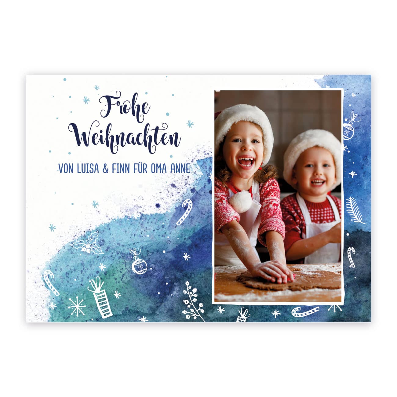 Watercolor-Postkarte zu Weihnachten mit Foto und Text