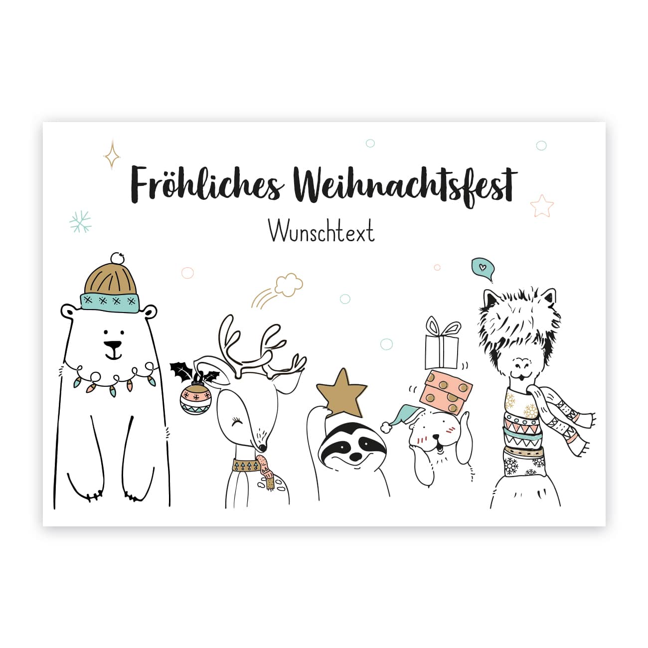 Postkarte zu Weihnachten mit witzigen weihnachtlichen Tieren und Wunschtext