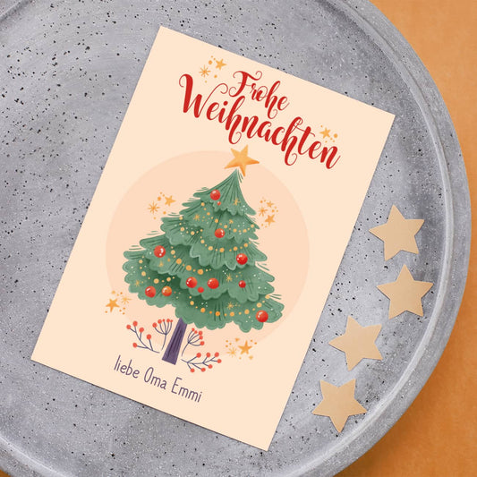 Postkarte zu Weihnachten mit Tannenbaum und Wunschtext