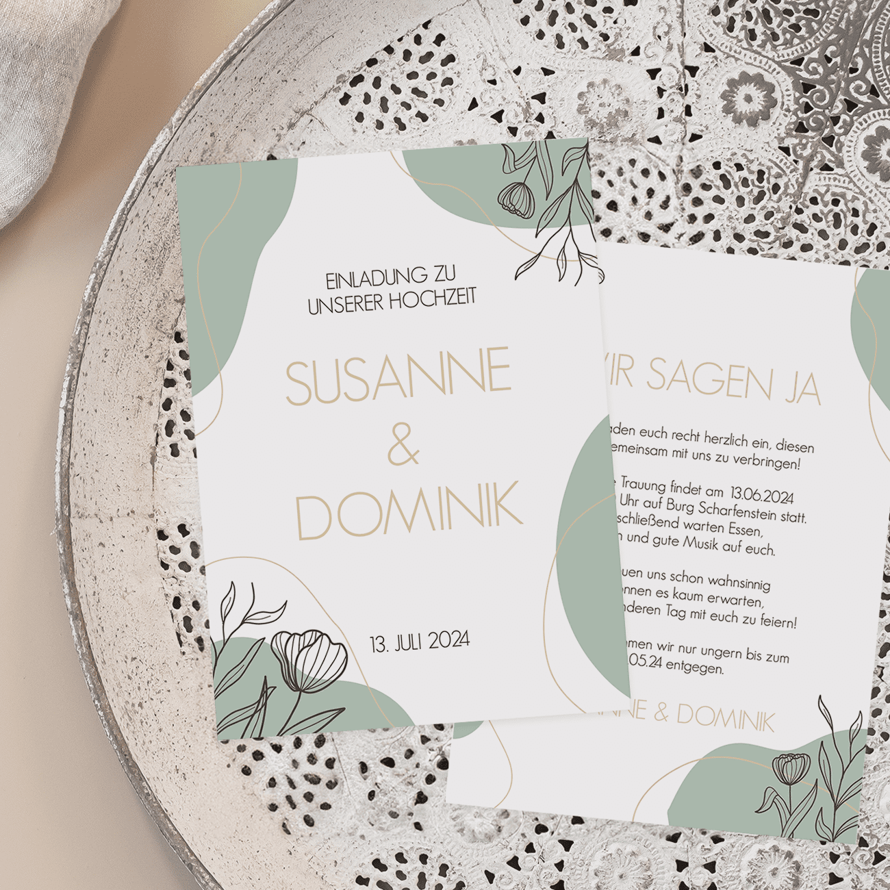 Moderne Einladungskarte zur Hochzeit mit Text personalisiert