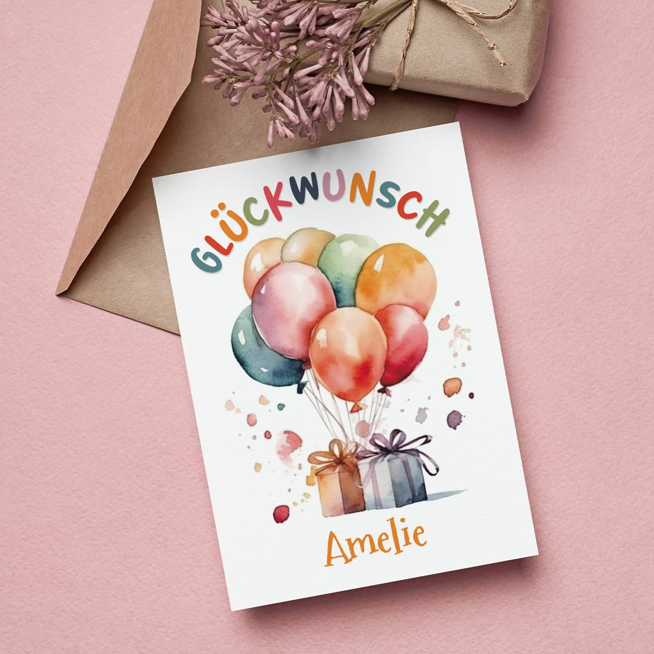 Glückwunschkarte mit Luftballons - name und Wunschtext