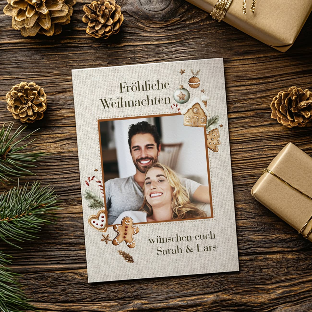 Weihnachtskarte mit Lebkuchen-Motiv, Foto und Ihrem Text