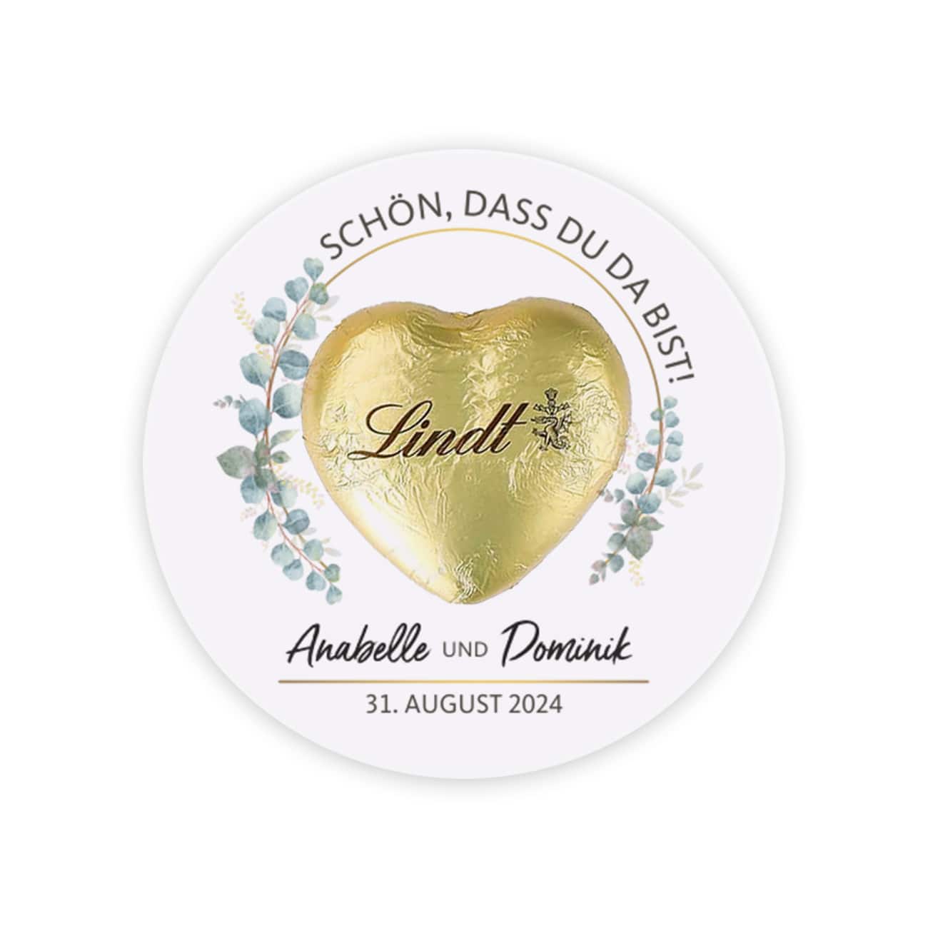 Bedruckte Gastgeschenk-Karte zur Hochzeit mit Lindtherzen