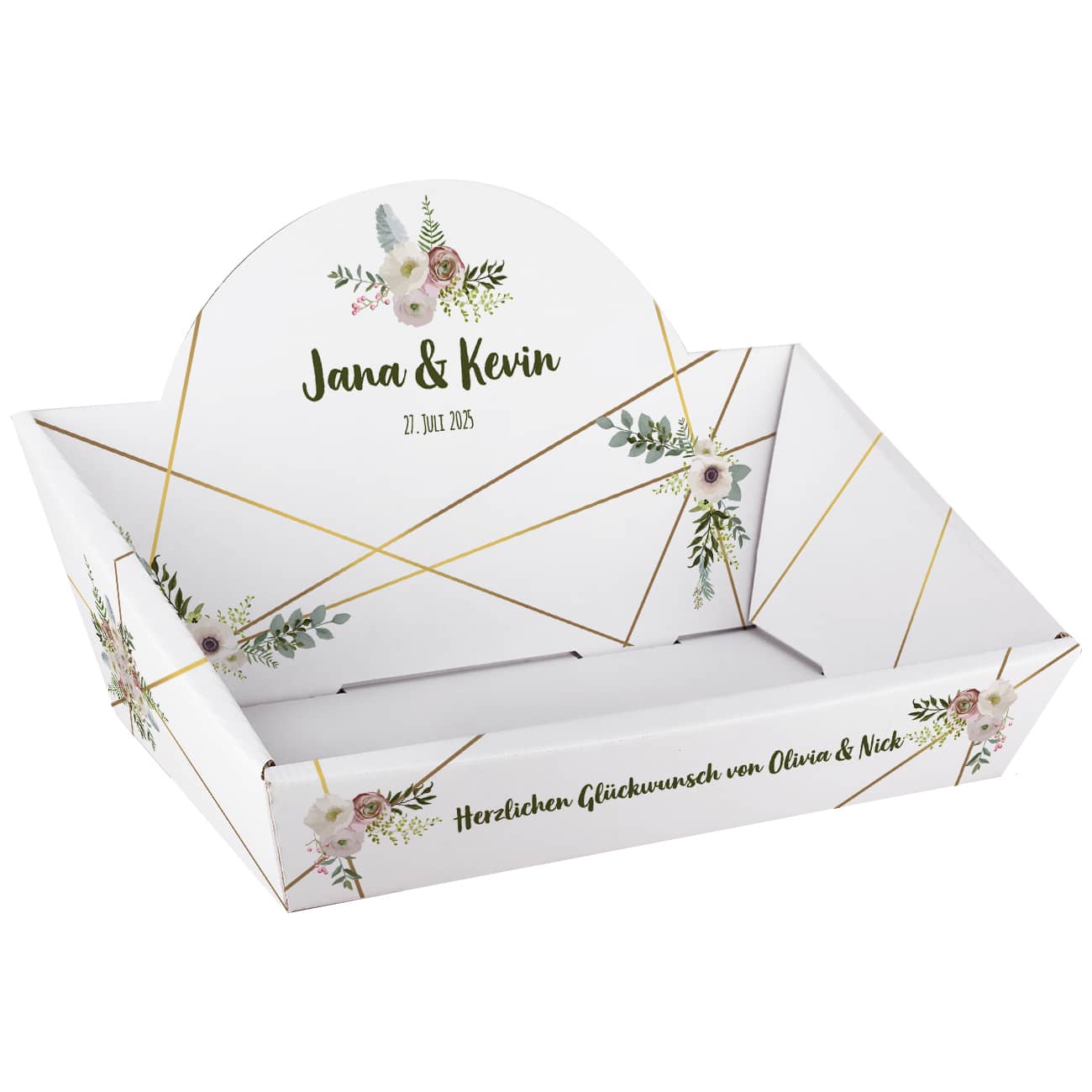 Geschenkkorb zur Hochzeit mit Blüten und Wunschtext, 2 Größen wählbar