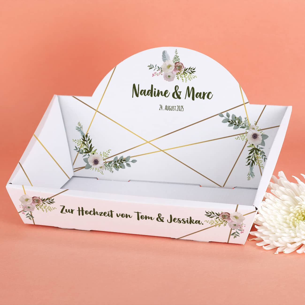 Geschenkkorb zur Hochzeit mit Blüten und Wunschtext, 2 Größen wählbar