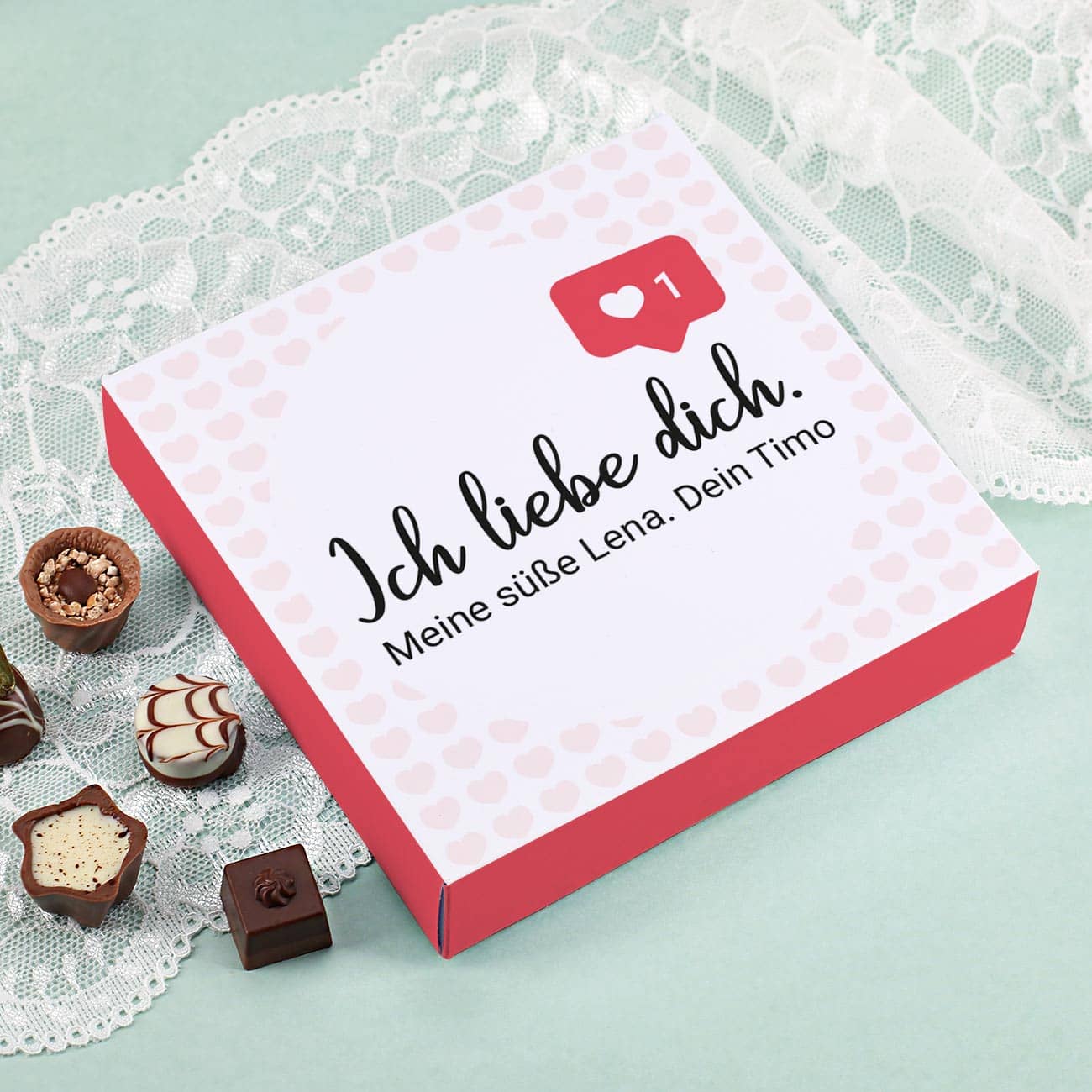 Lindt Pralinès "Ich liebe dich" mit Like-Symbol und Wunschtext