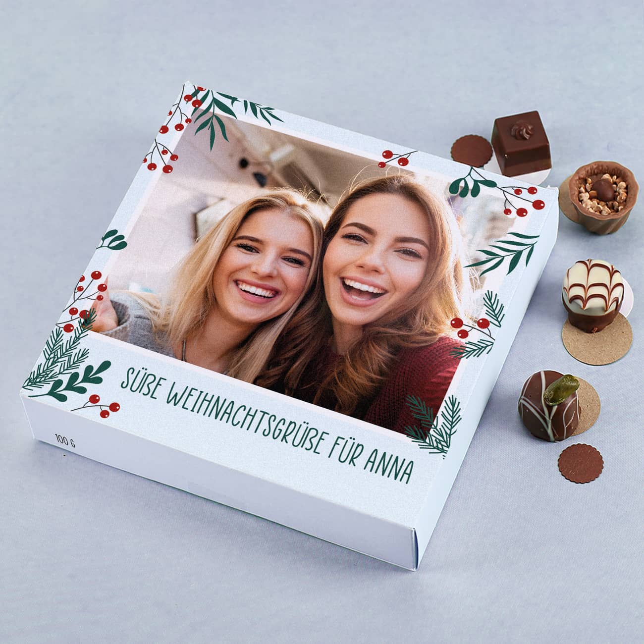 Lindt-Pralinen zu Weihnachten mit Ihrem Foto und Text bedruckt