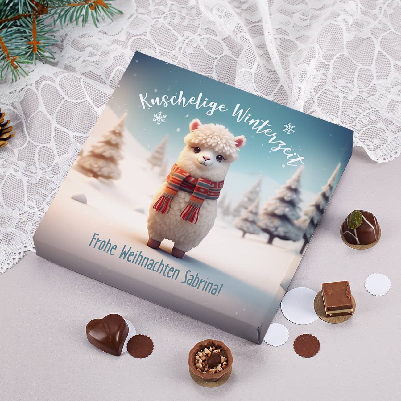 Kuschelige Winterzeit - Lindt Pralinen mit personalisierter Lama-Verpackung