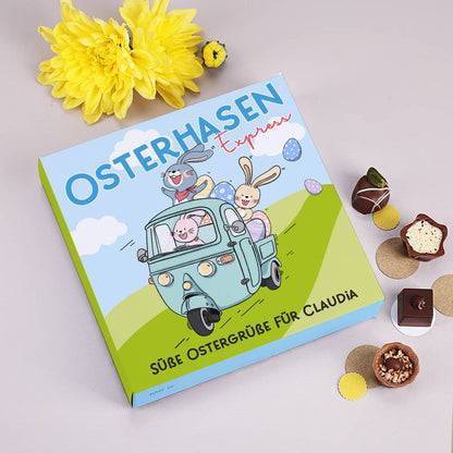 Lindt Pralinen zu Ostern mit Motiv "Osterhasen Express" & Text personalisiert