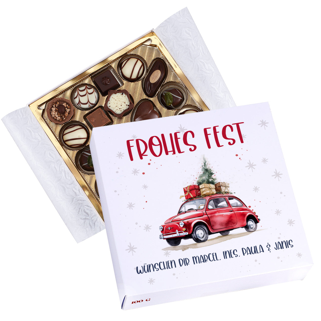 Weihnachts-Pralinés von Lindt und Ihrem Text und weihnachlichem Fiat 500