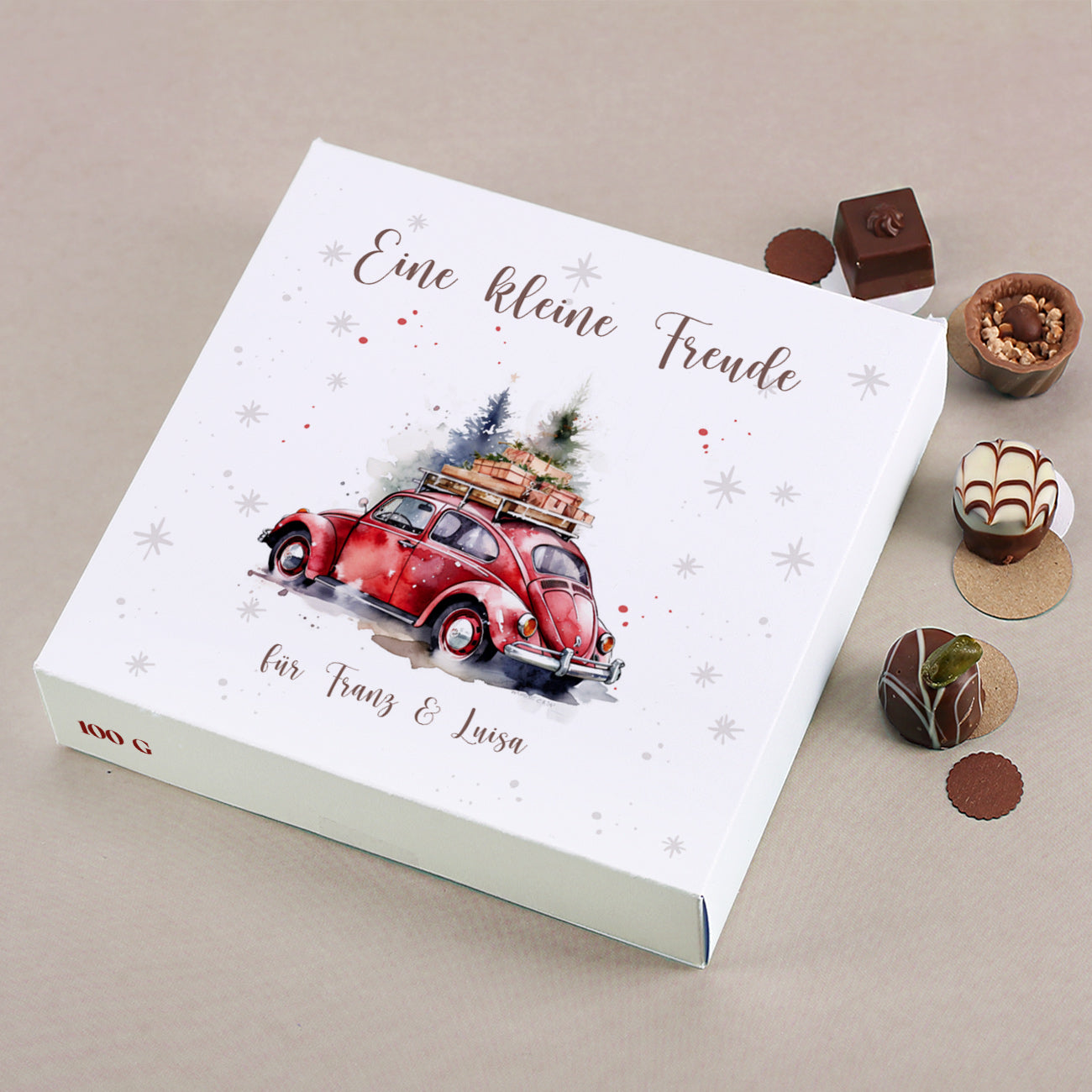 Weihnachts-Pralinés von Lindt und Ihrem Text und weihnachlichem VW Käfer