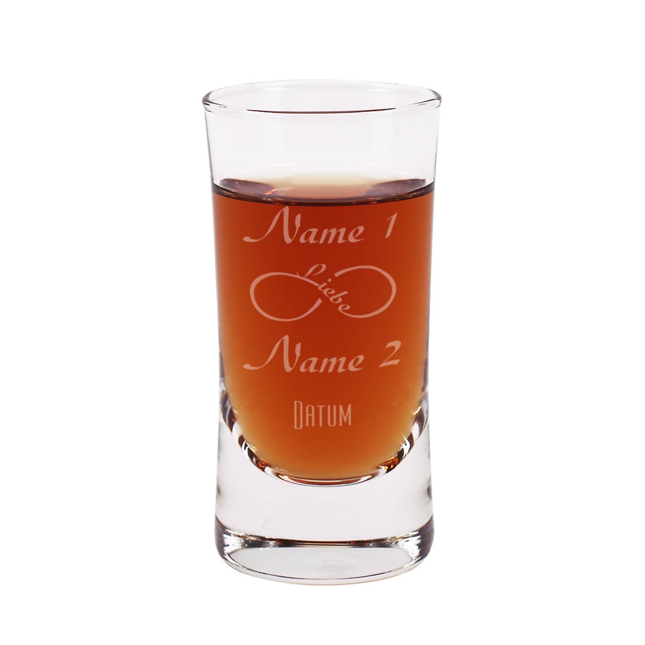 Schnapsglas zur Hochzeit mit unendliche Liebe, Namen und Datum 