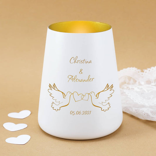 Windlicht mit Tauben zur Hochzeit personalisiert mit Namen und Datum