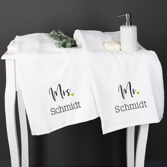 Hochzeitsgeschenk Mr & Mrs - Handtuch-Set mit Name bestickt