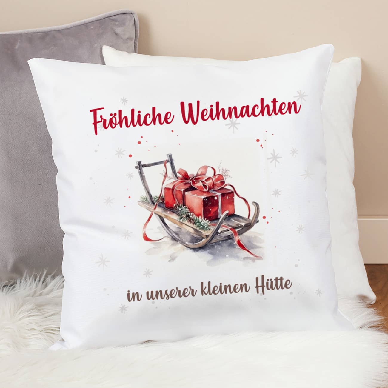 Weihnachts-Kissen mit Ihrem Text & Santa's Schlitten