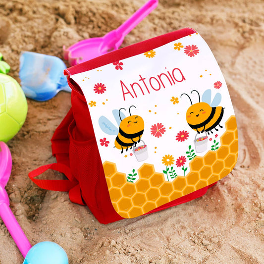 Kindergarten Rucksack in Rot mit Bienchen Motiv und Name bedruckt