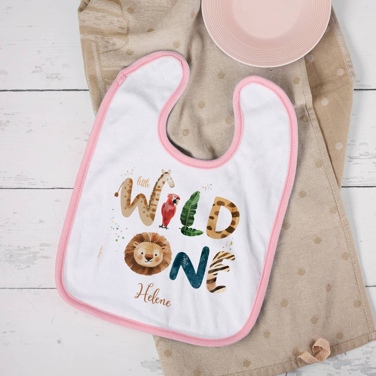 Weiß/rosa Lätzchen - little Wild One - mit Wildtieren und Name